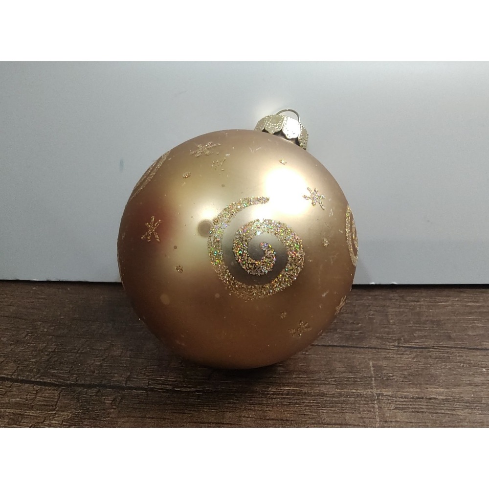 Vtg Rauch Gold Glass Ball Christmas Ornament Matte Finish Glitter Stars Spirals